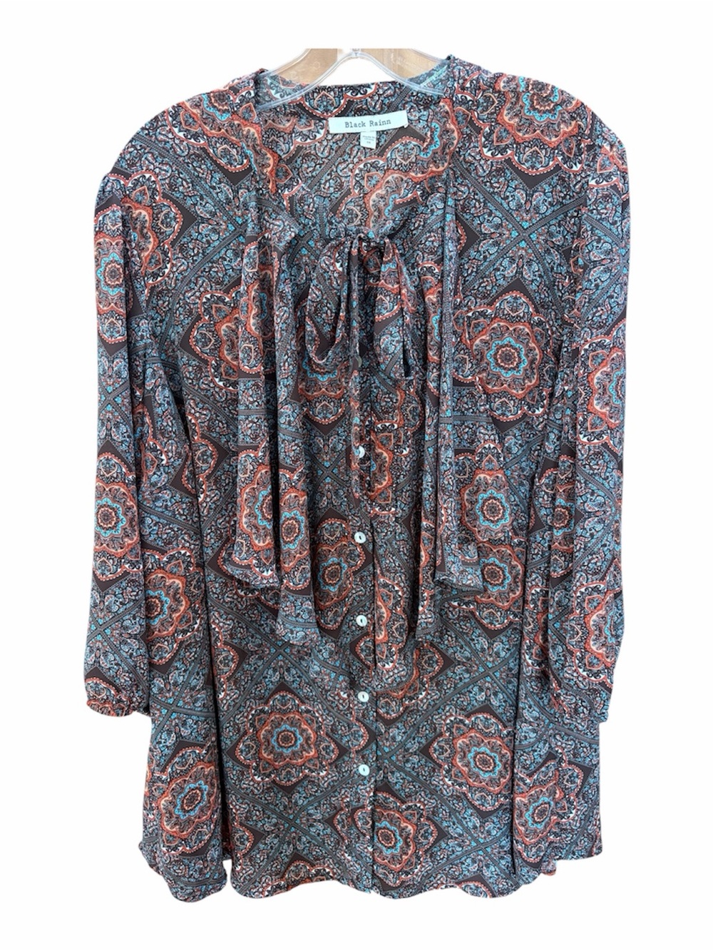 Black Rainn | Blue and Brown Paisley Tie-Neck Blouse